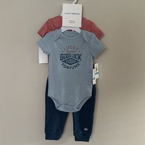 Lucky Brand Infant Boy 3 Pcs Set 6-9 Months Bodysuit Pant Good Luck Good Fortune